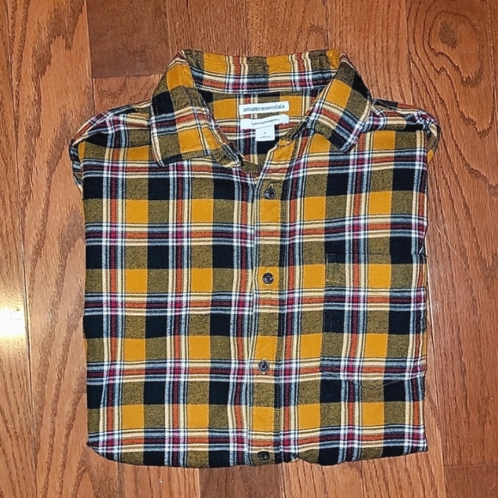 💛 NWOT Yellow Mens'/Unisex Plaid Cotton Flannel Buttoned Shirt, Sz Medium